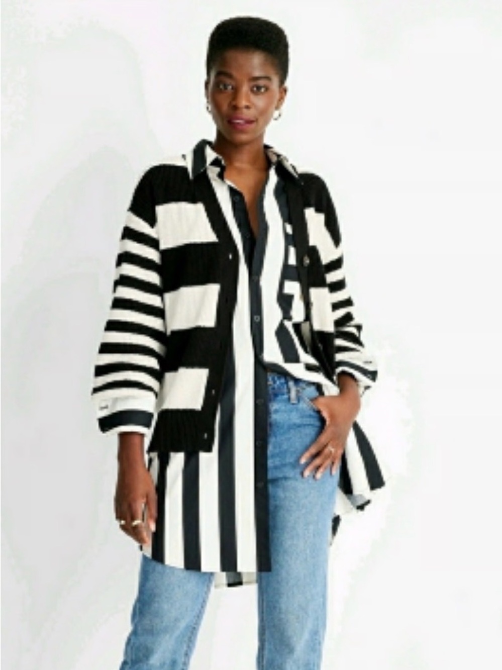 Black & White Striped Button-Front Cardigan